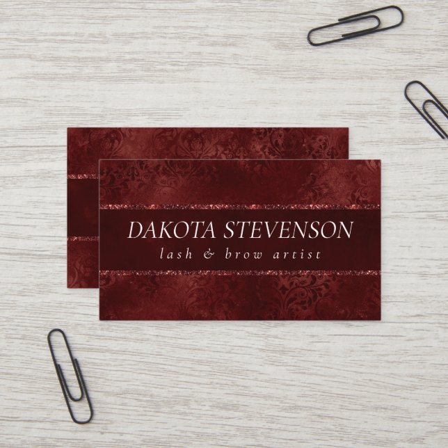 Midnight Henna Romance | Red Satiny Grunge Damask Business Card (Front/Back In Situ)