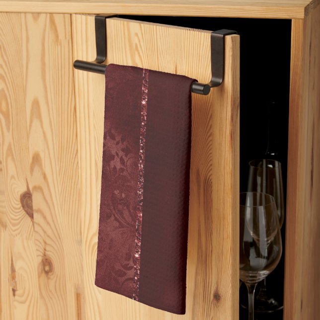 Midnight Henna Romance | Red Satiny Grunge Damask Kitchen Towel (Thirds Fold)