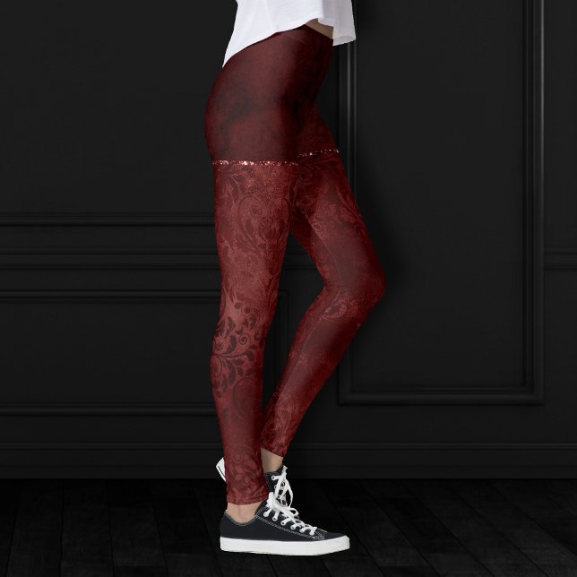 Midnight Henna Romance | Red Satiny Grunge Damask Leggings (Creator Uploaded)