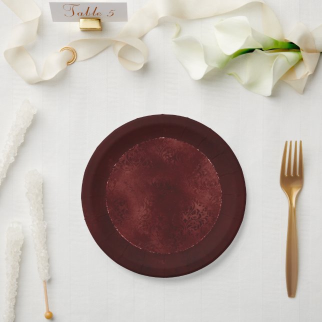 Midnight Henna Romance | Red Satiny Grunge Damask Paper Plate (Wedding)