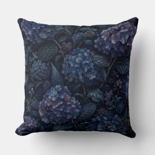 Midnight Hydrangea Throw Pillow   Dark Floral