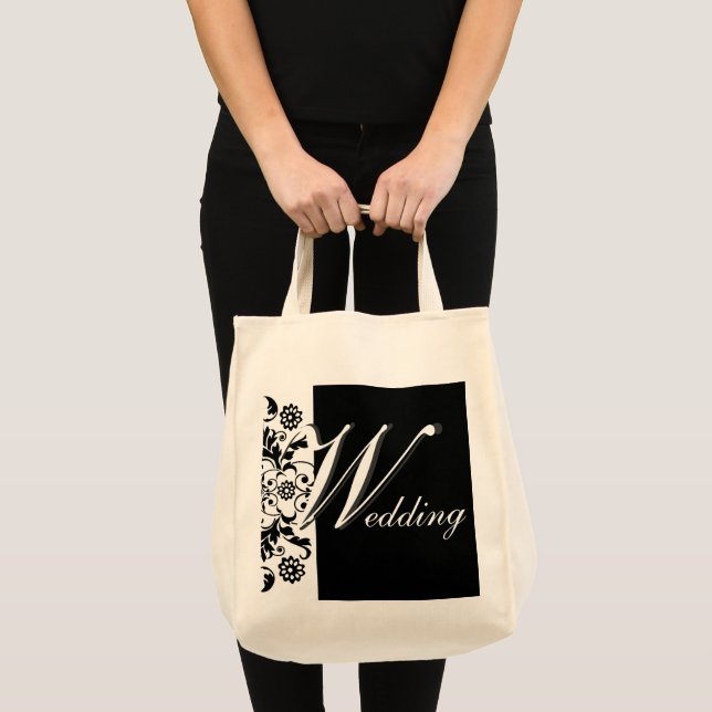 Midnight in Paris Black Ornate Lace Wedding Script Tote Bag (Front (Product))