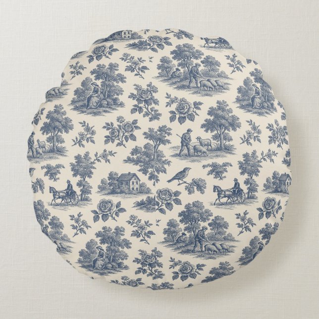 Midnight in the Meadow – Blue Toile Round Throw Pi Round Pillow (Front)