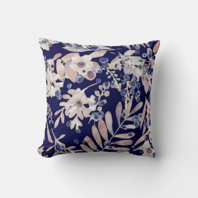 Midnight Indigo Eucalyptus & Blueberry Botanical Throw Pillow (Front)