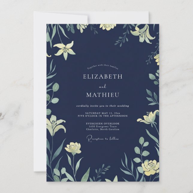 Midnight Indigo Lily Wedding Invitation (Front)