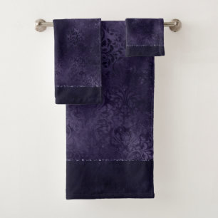 Midnight Indigo Romance   Satiny Grunge Damask Bath Towel Set
