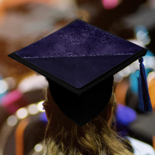 Midnight Indigo Romance Satiny Grunge Damask Graduation Cap Topper