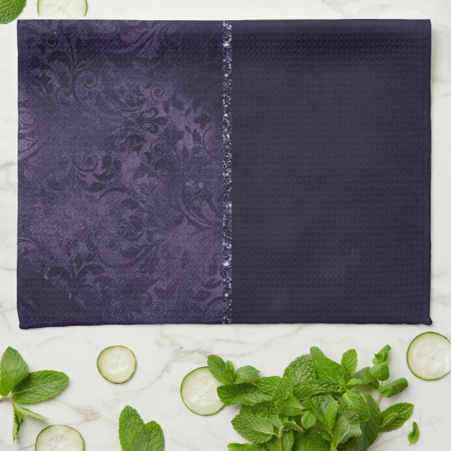 Midnight Indigo Romance | Satiny Grunge Damask Kitchen Towel (Folded)