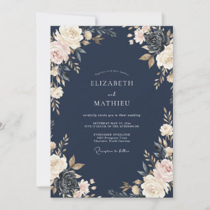Midnight Ivory Ranunculus Eucalyptus Wedding Invitation