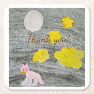 Midnight Kitty Adventure Thank You  Square Paper Coaster