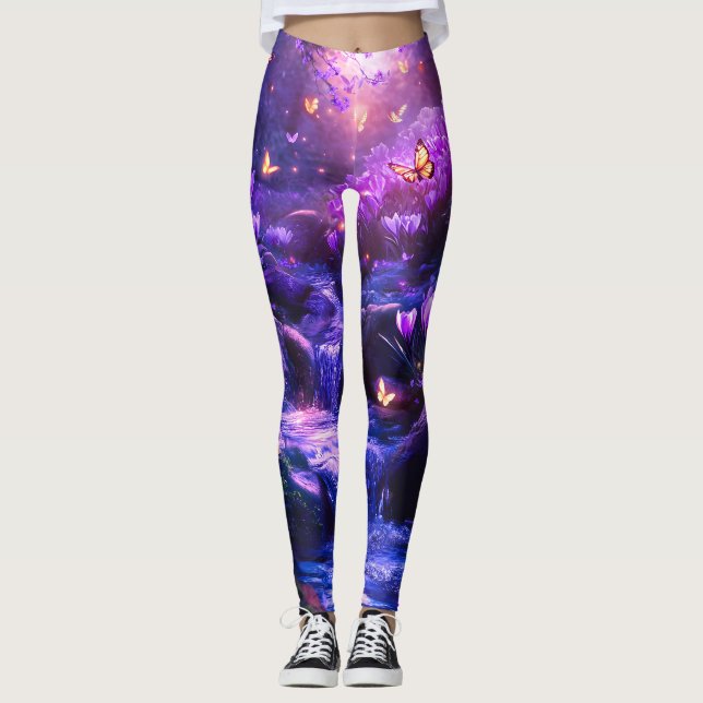Midnight Lavender Cascade Blossoms Leggings (Front)