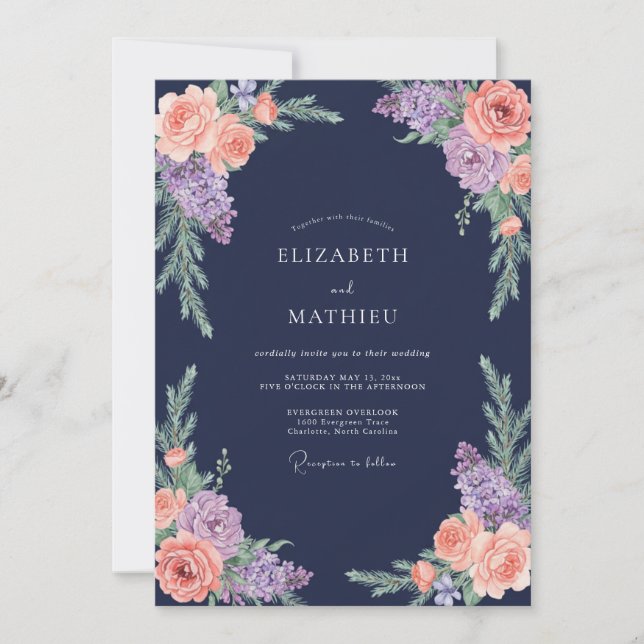 Midnight Lavender Ranunculus Grey Eucalyptus Weddi Invitation (Front)