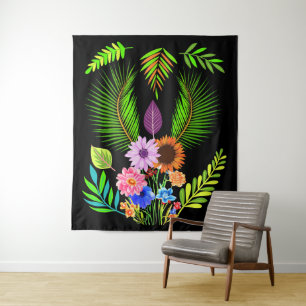 Midnight Leaves & Botanical Flowers on Black Tapestry