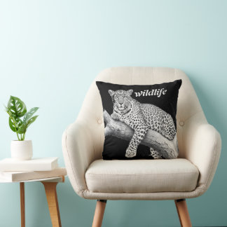 Midnight Leopard , Wildlife Illustration Throw Pillow