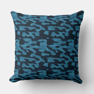 Midnight, light blue, muted blue, dark blue camo throw pillow