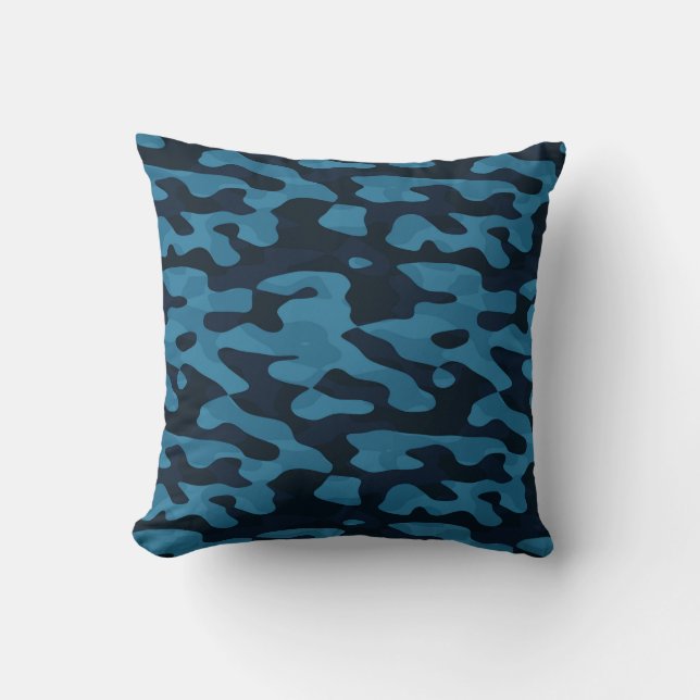 Midnight, light blue, muted blue, dark blue camo throw pillow (Front)