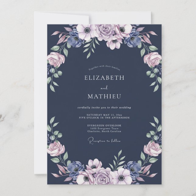 Midnight Lilac Leafy Wedding Invitation (Front)