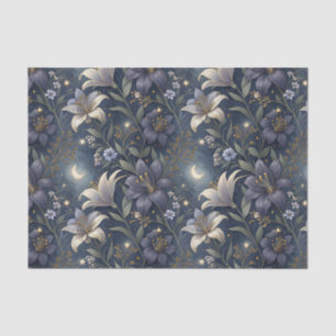 Midnight Lily Garden Flowers & Moon Floral Pattern Tissue Paper