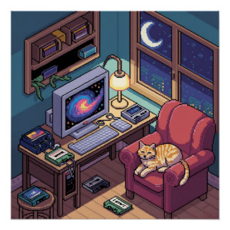 Midnight Lofi Pixel Art Retro Room Poster