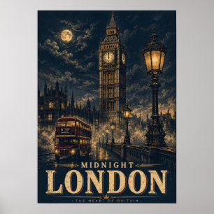 Midnight London Big Ben Night Moody Retro Travel Poster