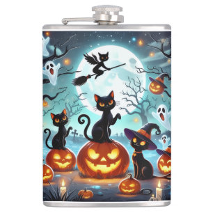 Midnight Magic: Black Cats & Pumpkins Halloween  Hip Flask