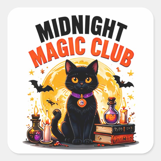 Midnight Magic Club Black Cat Halloween Magic Square Sticker (Front)
