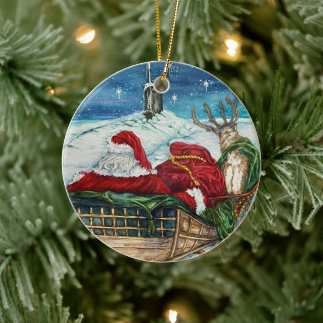 Midnight Magic Submarine Santa Ceramic Ornament  (Tree)