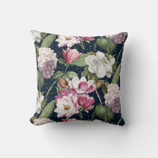 Midnight Magnolia Garden Vintage Botanical  Throw Pillow