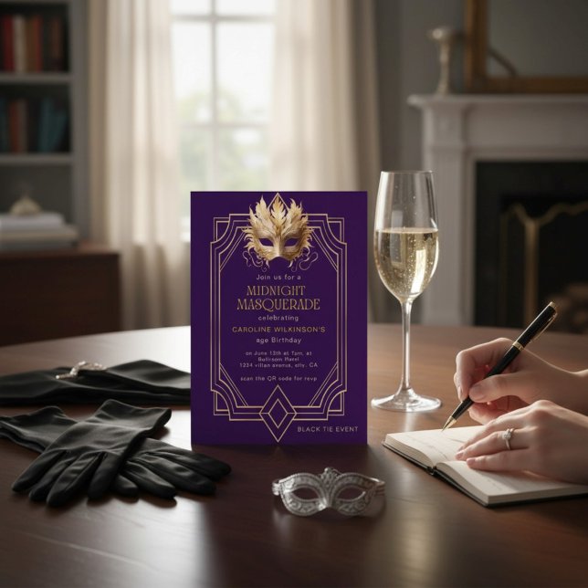Midnight Masquerade Gold Feather Mask Purple Invitation (Creator Uploaded)
