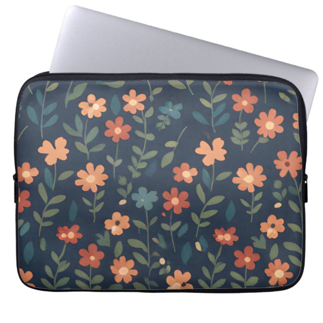 Midnight Meadow Hand-Painted Floral Pattern Laptop Sleeve (Front)
