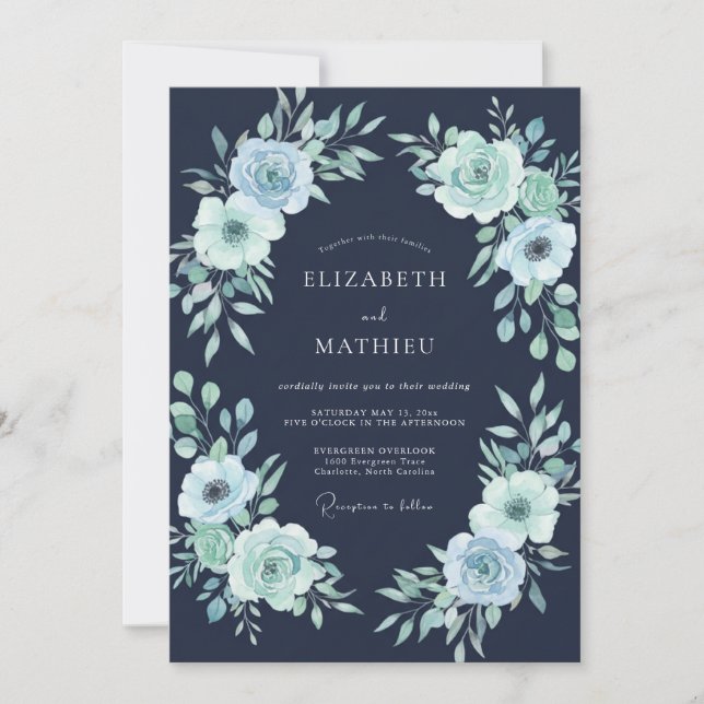 Midnight Mint Watercolor Wedding Invitation (Front)