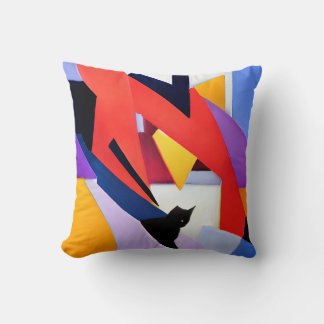 Midnight Muse - Black Cat and Abstract Art Edit Throw Pillow