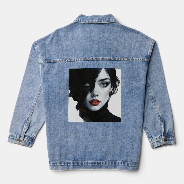 Midnight Muse – Ink-Splash Portrait Denim Jacket (Back)