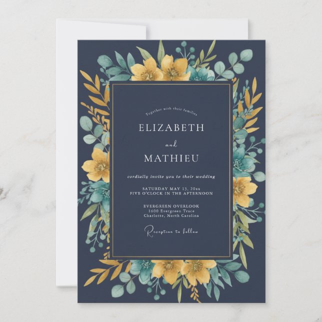 Midnight Mustard Eucalyptus Wedding Invitation (Front)