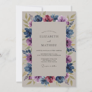 Midnight Navy Amethyst Wildflower Wedding Invitation