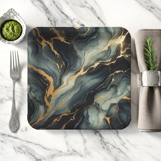 Midnight Navy and Gold Marble Artistic Pattern Paper Plate (Creator Uploaded)