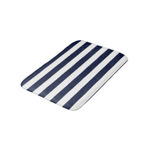 Midnight Navy Blue and White Stripes Bath Mat