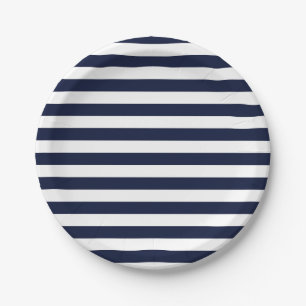 Midnight Navy Blue and White Stripes Paper Plate