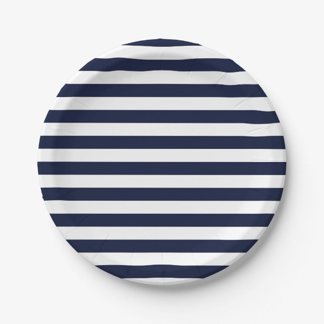 Midnight Navy Blue and White Stripes Paper Plate (Front)