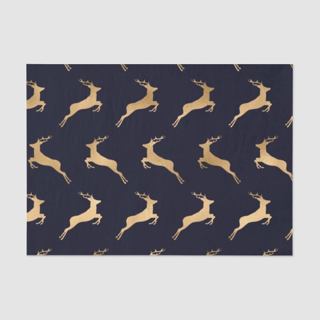Midnight Navy Blue Gold Deer Pattern Tissue Paper (Front)