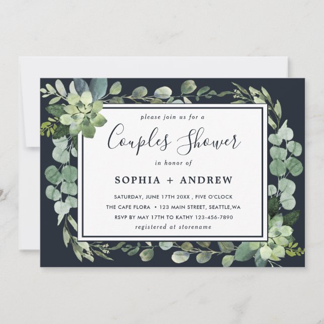 Midnight Navy Blue Succulent Couples Shower Invitation (Front)