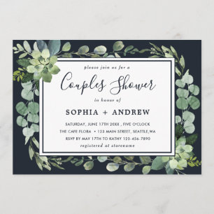 Midnight Navy Blue Succulent Couples Shower Invitation