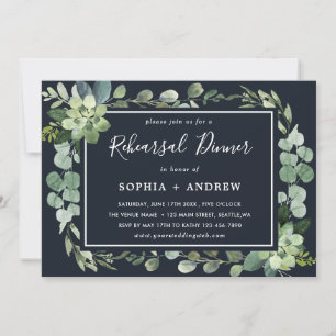 Midnight Navy Blue Succulent Rehearsal  Dinner Invitation