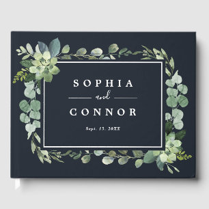 Midnight Navy Blue Succulent Wedding Guest Book