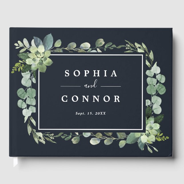 Midnight Navy Blue Succulent Wedding Guest Book (Front)