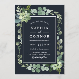 Midnight Navy Blue Succulent Wedding Invitation