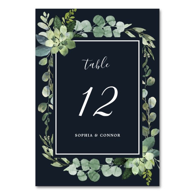 Midnight Navy Blue Succulent Wedding Table Number (Front)