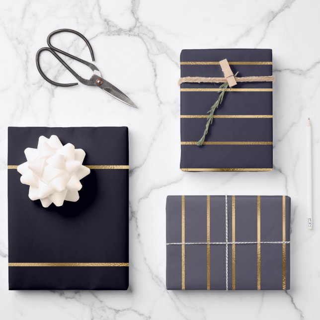 Midnight Navy Charcoal Gold Stripe Pattern Wrapping Paper Sheet (Front)