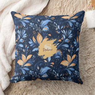 Midnight Navy Floral - Peach Blooms & Blue Vines Throw Pillow