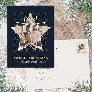 Midnight Navy Geometric Star Modern Christmas Foil Holiday Postcard